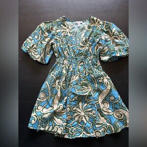 Sincerely Jules mini dress, puff sleeve, green and blue floral boho, size XS